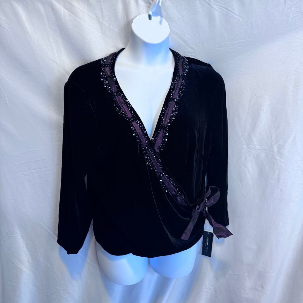 Jackie Jon Women's Plus Size 1X Black Velvet Beaded Wrap Top Blouse with Bow NWT